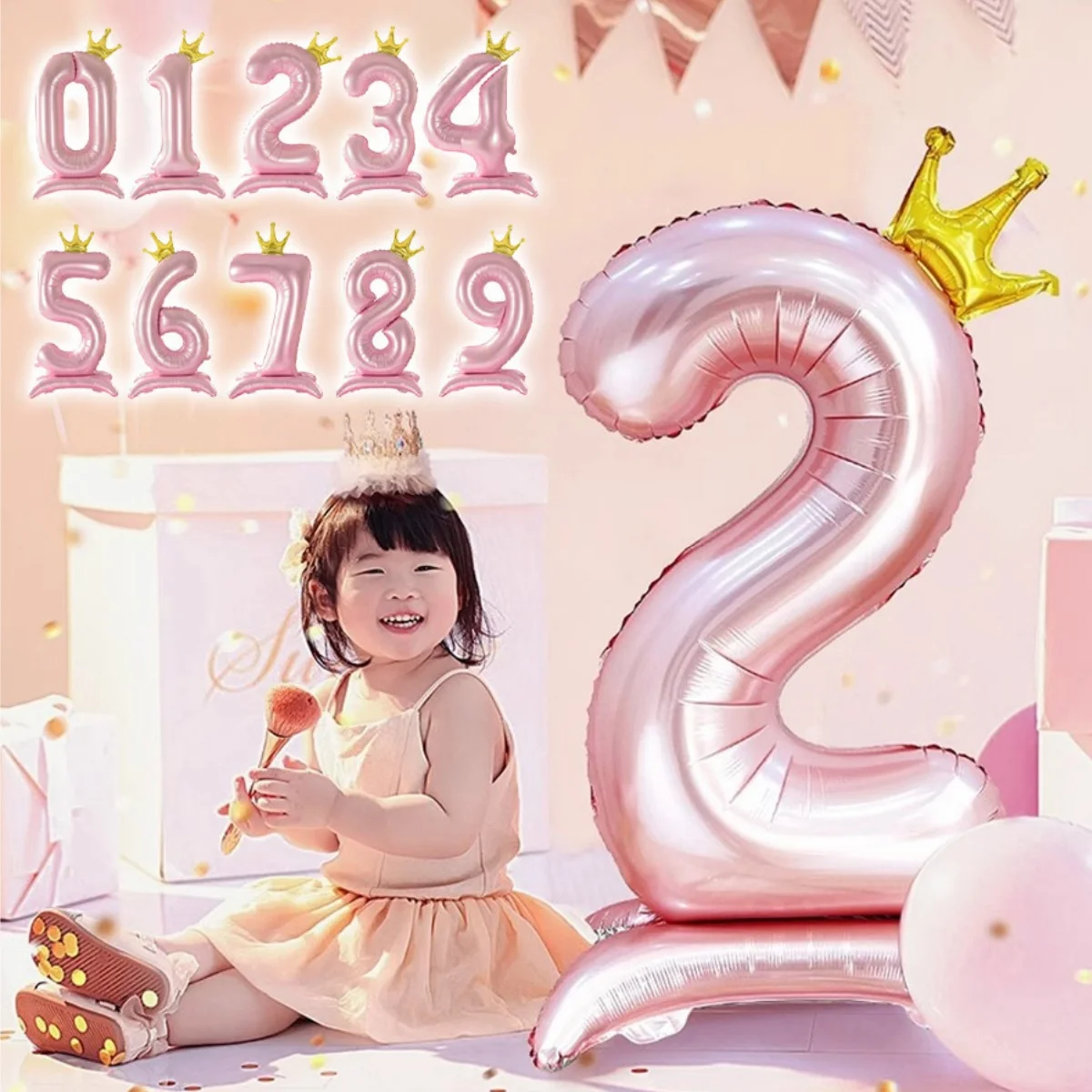 32/42inch Crown Decor Pink Aluminum Foil Digital Balloon Number Balloon For Birthday Party Decor Supplies Girls Birthday Favor