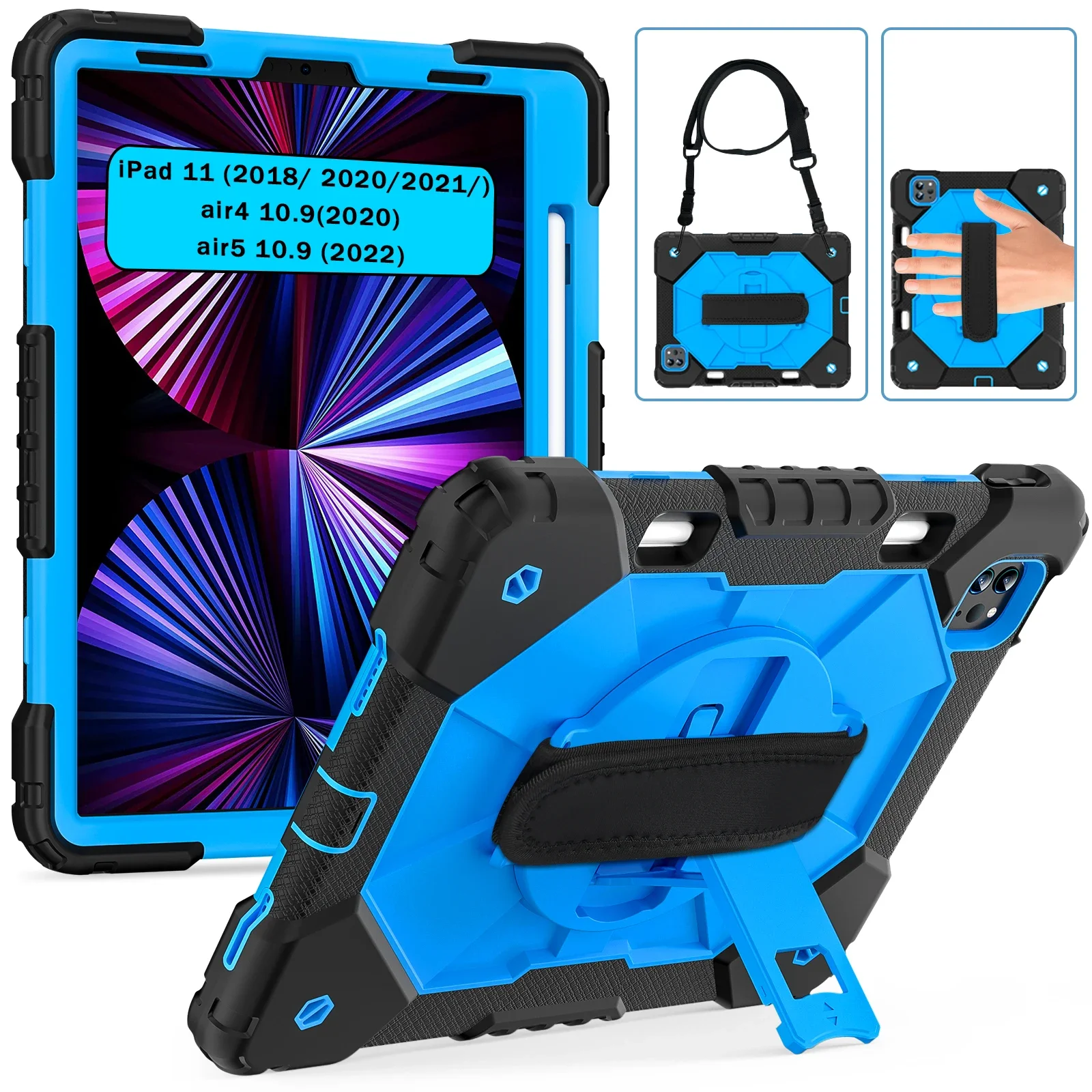 Armor Case for IPad Air 4 5 2022 10.9 iPad 11 Inch Kids Tablet Case Hand Strap 360 Rotation Handle Stand Shockproof Rugged Cover