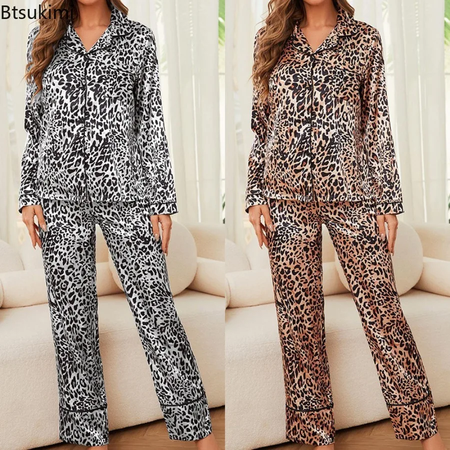 

Leopard Print Ice Silk Pyjama Female Pajamas Two-Piece Set Loungewear Spring and Autumn Sleepwear Satin Homewear Home Clothes