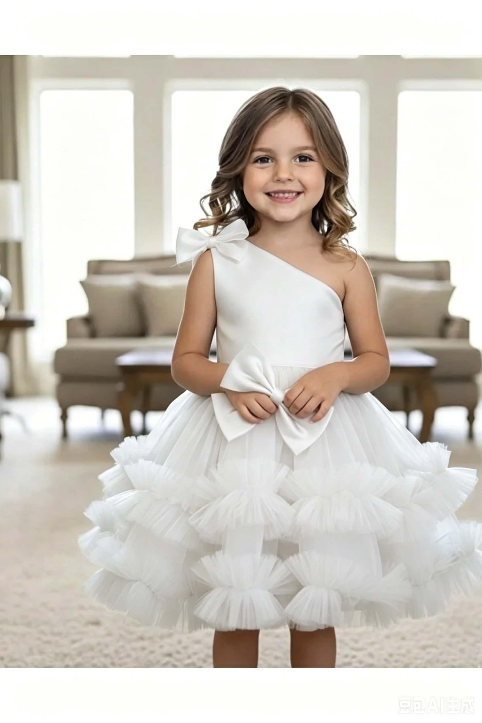 Simply Satin Flower Girl Dress For Wedding One Shoulder with Bow Tulle Kids Birthday Gowns Luxury Princess Dress Custom