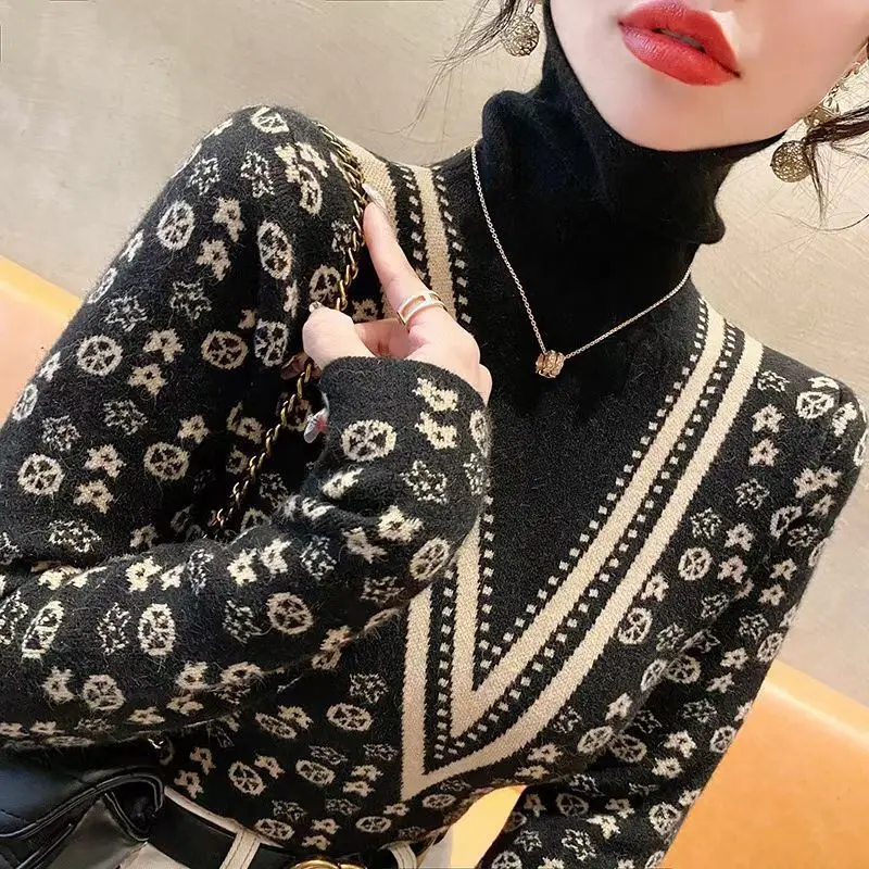 2023 Autumn and Winter Women\'s Pullover Piled Collar Patchwork Printing Slim Checkered Sweater Fashion Casual Long Sleeve Tops