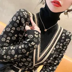 2023 Autumn and Winter Women's Pullover Piled Collar Patchwork Printing Slim Checkered Sweater Fashion Casual Long Sleeve Tops