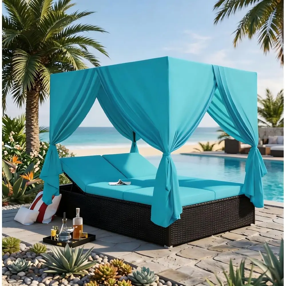 

Outdoor Wicker Daybed, Patio Sunbed with Cushions, Adjustable Seats and Curtains, All Weather Rattan Soa Bed or Patio, Poolside,
