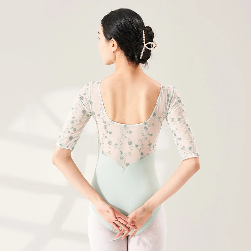 

Взрослые женщины, тренировочная одежда для балерины, танцевальная одежда с кружевным принтом и открытой спиной, лирический танец, балет, гимнастический купальник, костюм