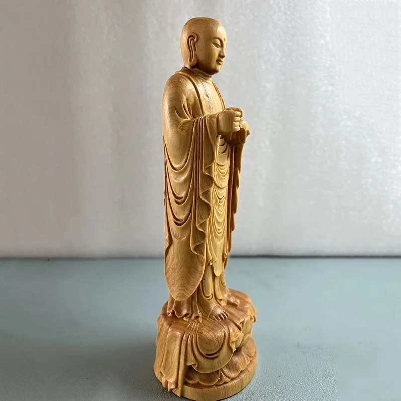 Cypress Wood Ksitigarbha Bodhisattva Statue Standing Jizo Lotus Base Feng Shui Ornament Protection Safety Home Altar Decor view 5