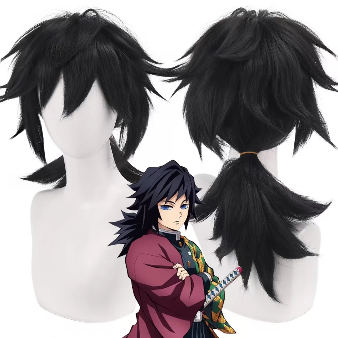 

Tomioka Giyuu Cosplay Wig Black Thick Fluffy Wig Big Flip Ends Synthetic Hair For Men Halloween Costume Party Role Play
