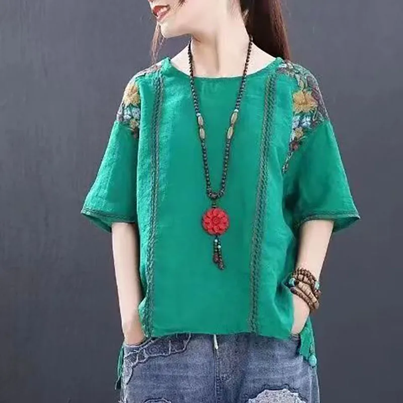 

Fashion O-Neck Loose All-match Embroidery Blouse Women's Clothing 2023 Summer New Oversized Casual Pullovers Commuter Shirt