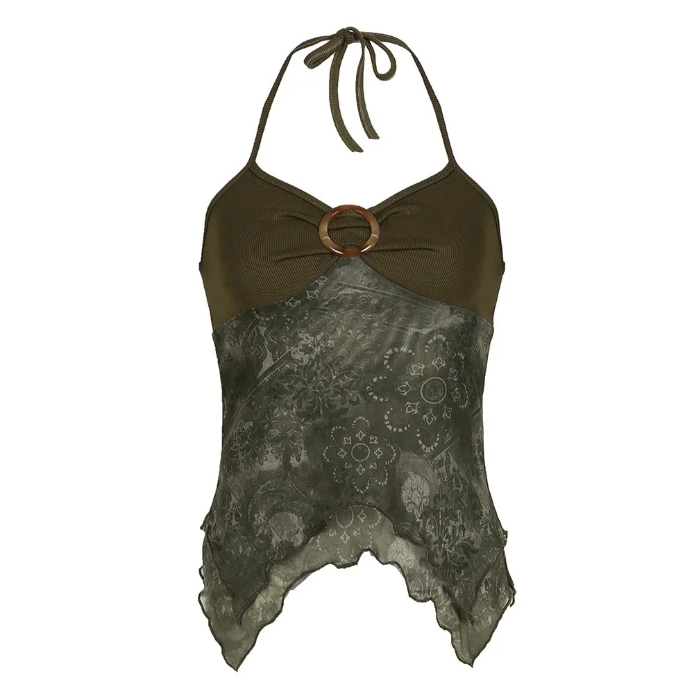 

Vintage Backless Lace Halter Camisole Irregular Sweet Slim Crop Top Streetwear Outfits Retro Boho Camisole Vacation