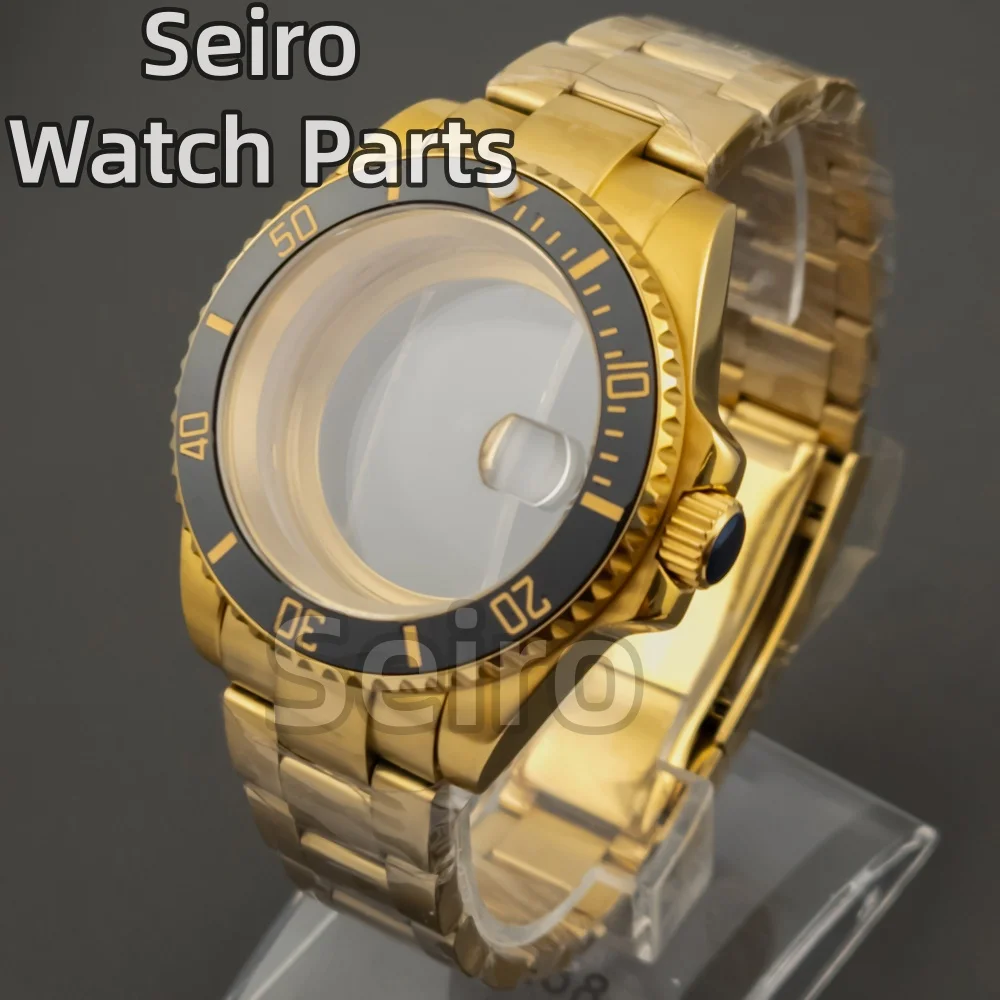 

40mm SUB GMT Diver Watch Case with Gold PVD Steel Sapphire Crystal Glass Oyster Bracelet 28.5mm Dial Fit NH34/NH35/NH36 Movement