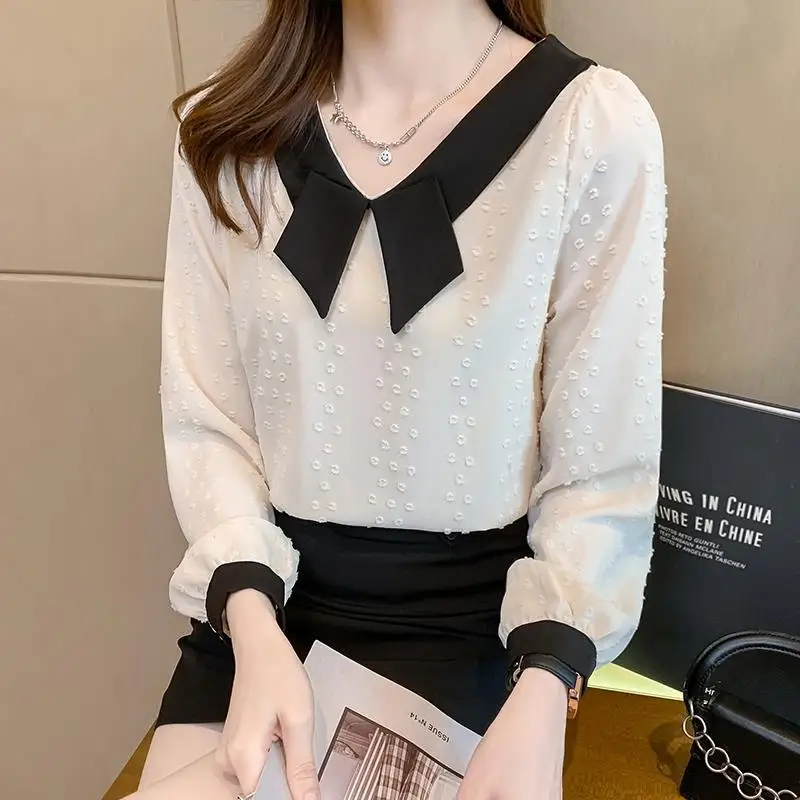 Women\'s Korean Fashion Contrast Color Elegant Blouse Casual V Neck Long Sleeve Shirt Spring Autumn Chic Loose Tops Blusas Mujer