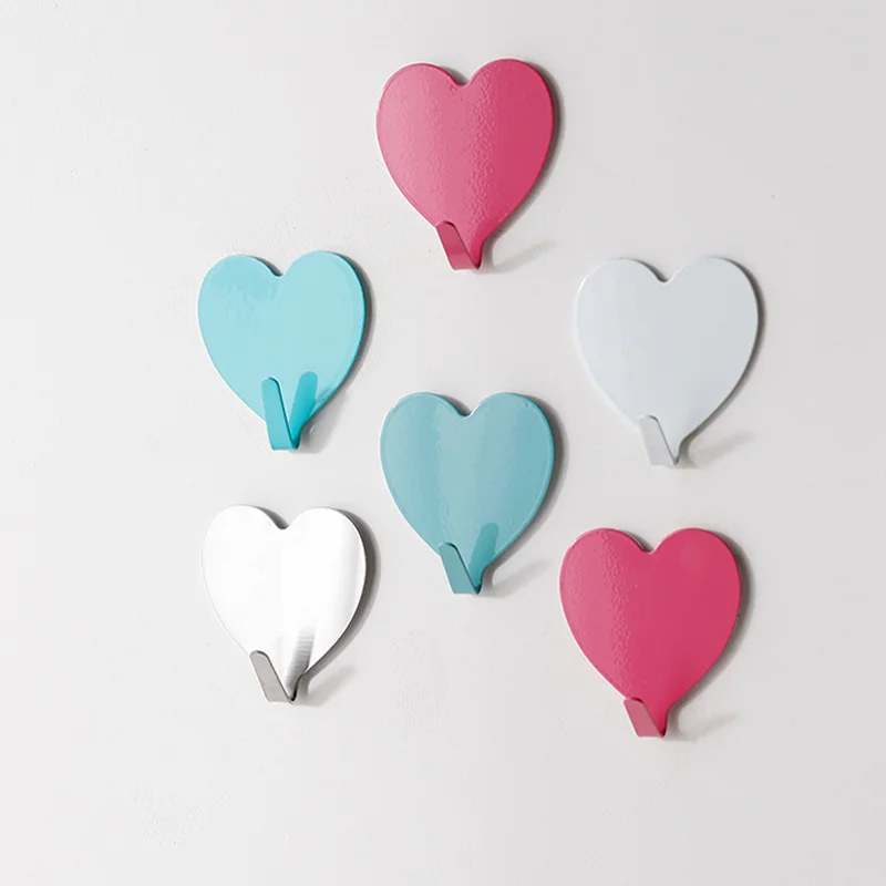 Gancho adhesivo en forma de corazón para decoración de habitación, gancho de acero inoxidable en forma de corazón de melocotón, rosa, 4 piezas