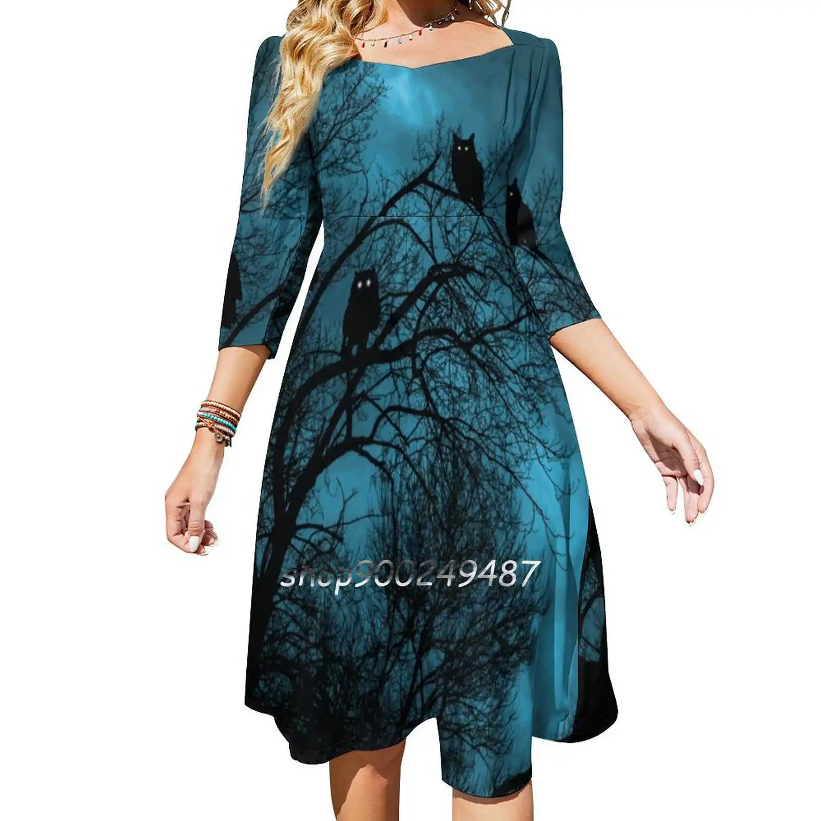 Night Wisdom Square Neck Dress New Plus Size Elegant Women Waist Tight Dress Moose Elk Deer Owl Owl Night Bird Birds Magical