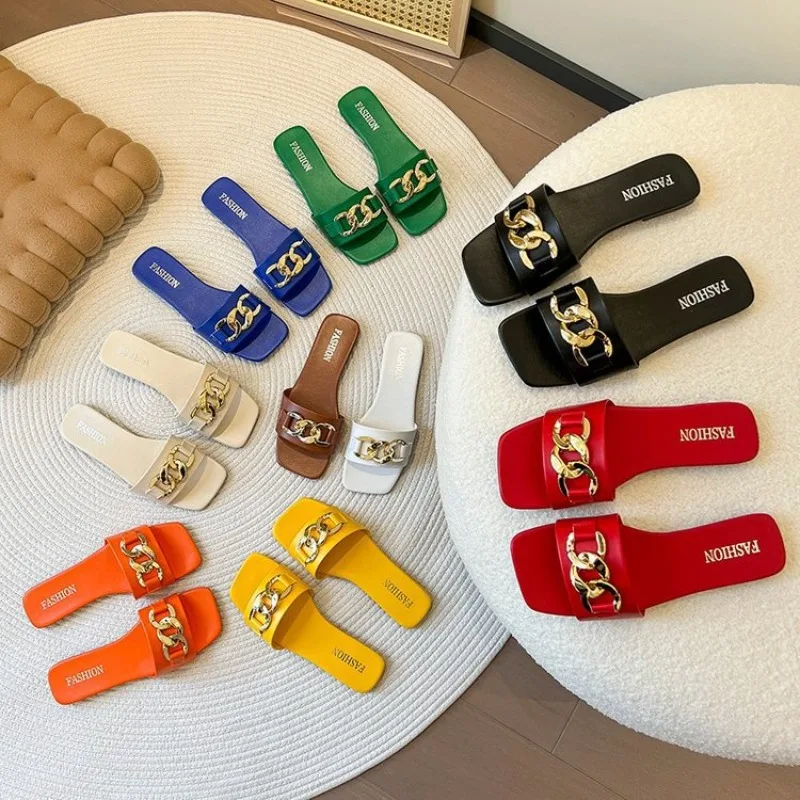 Summer Flat Bottom One Word Fried Dough Twists Buckle Square Head Large Color PU Leather Versatile Slippers Beach Shoes