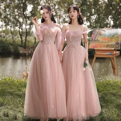 4 Styles Pink Bridesmaid Dresses Elegant Off Shoulder Applique Wedding Female Guest Dresses Fashion Tulle Sisters Party Gown