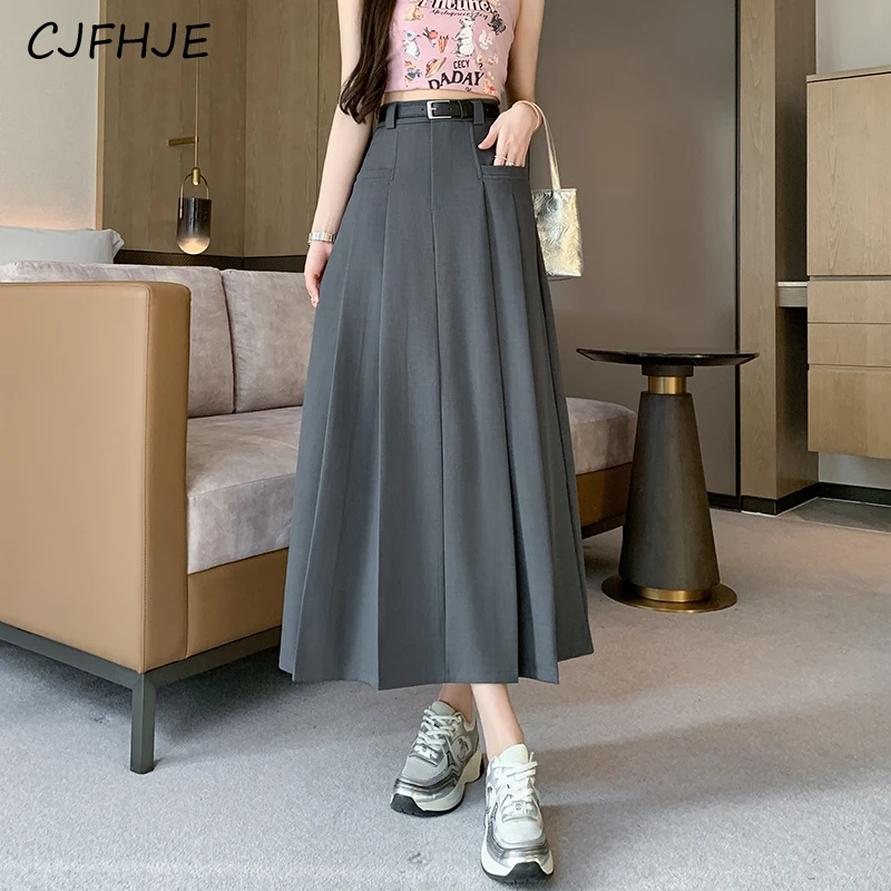 

CJFHJE Spring Korean Version Fashion High Waisted Women's Mid Length Suit Pleated Skirt with Solid Color Belt Women A-line Skirt