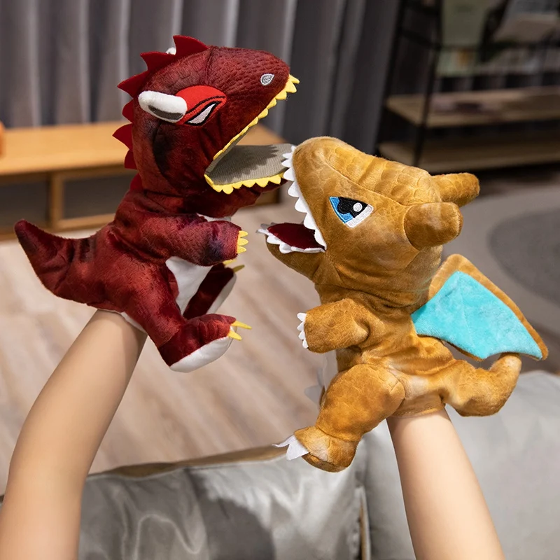 Cartone animato farcito T-rex dinosauro fuoco drago verde Anime burattino di mano giocattoli neonato regalo di compleanno creativo 3D bambola di peluche simulata