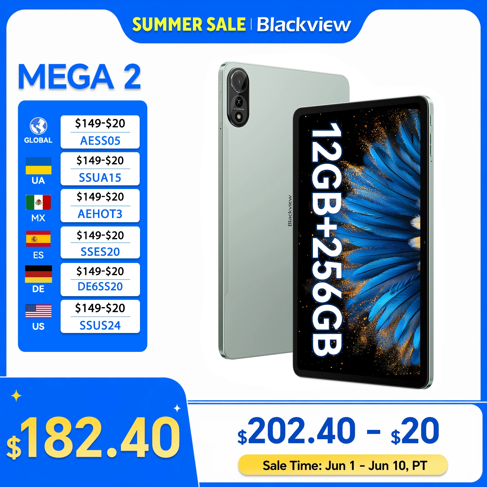 Blackview MEGA 2 Tablet PC 12'' 2K FHD+ Display Unisoc T615 12GB+12GB RAM 256GB ROM 9000mAh Battery 16MP Android 15 4G Tablets