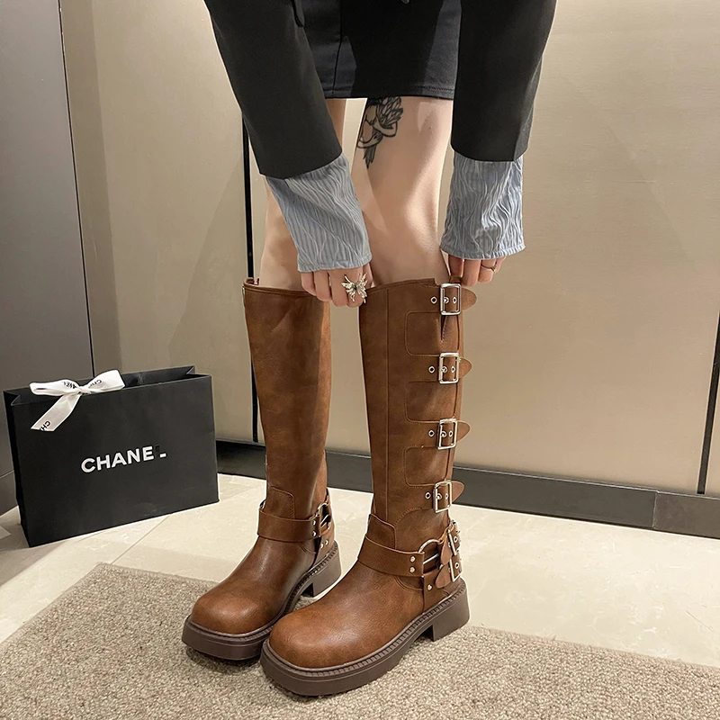 

Knee Boots Women Fashion Slip-on Ladies Low Heel Knight Boots 2024 New Autumn and Winter Ladies Motorcycle Short Boots