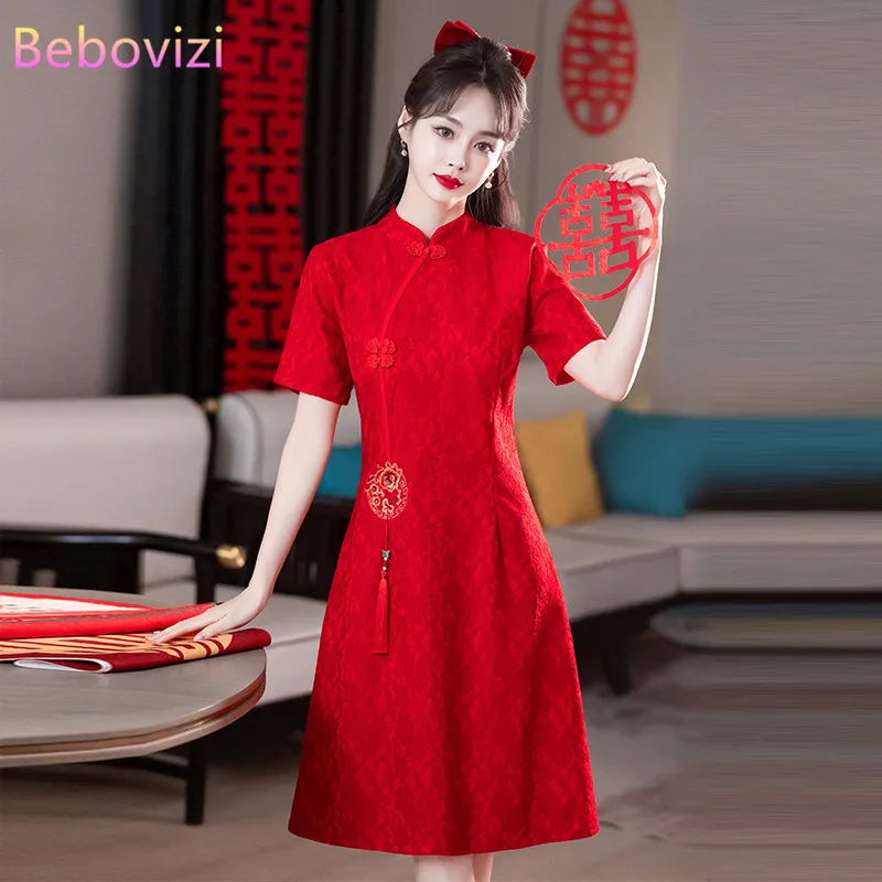 

Plus Size New Modern Improved Cheongsam Traditional Chinese Style Red Embroidered Dress Qipao New Year CNY