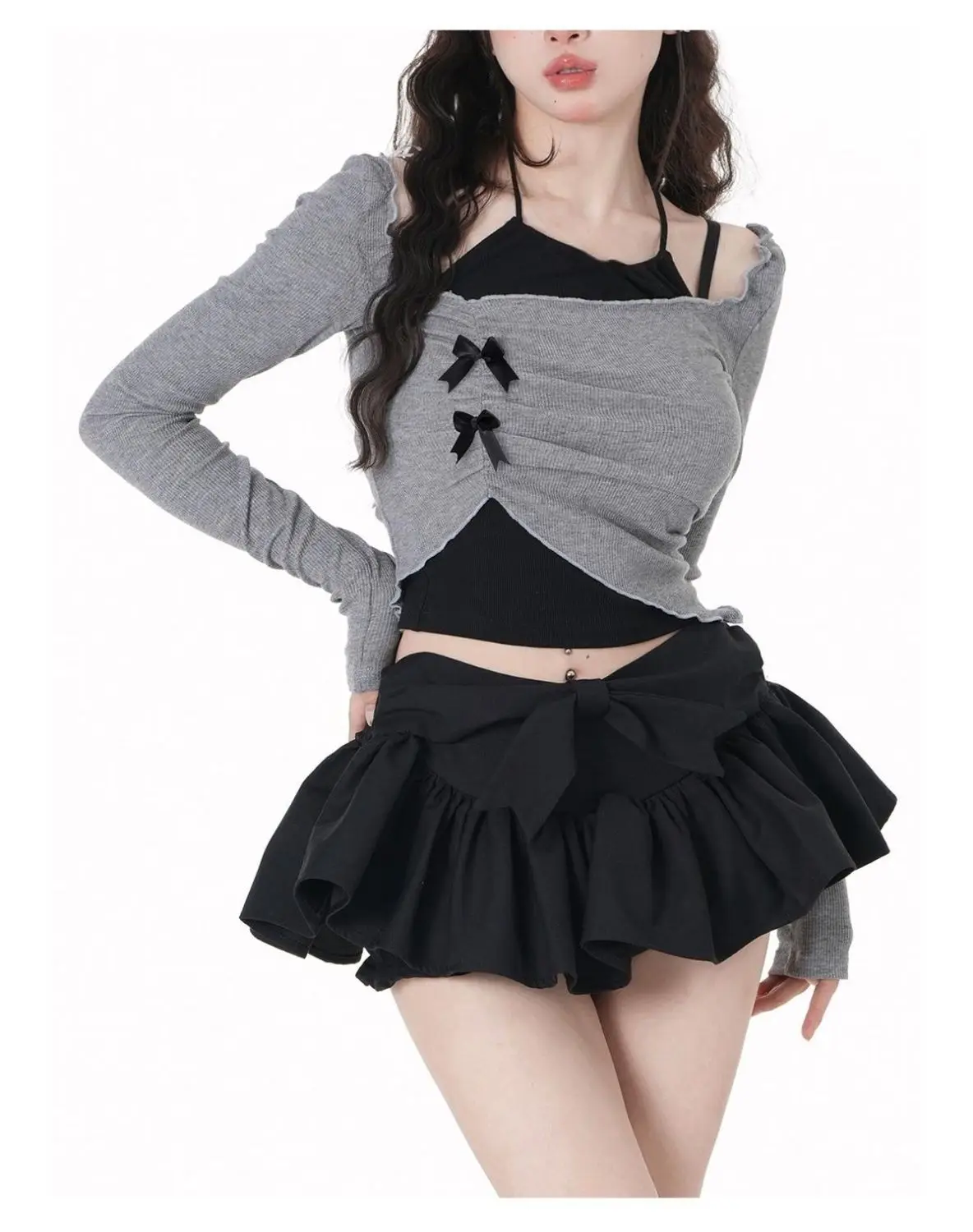 Mini Skirt and Halter Top Woman Y2K Matching Sets Spring Summer Sets Woman Gyaru Long Sleeve Sexy Crop T-Shirts Korean Fashion