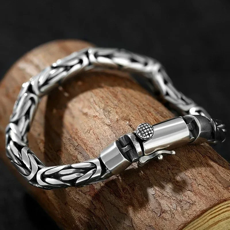 Real 925 Sterling Silver Bracelet For Men Women Vintage Handmade Punk Pure Silver Byzantine Bracelets Link Armband Toggle Buckle