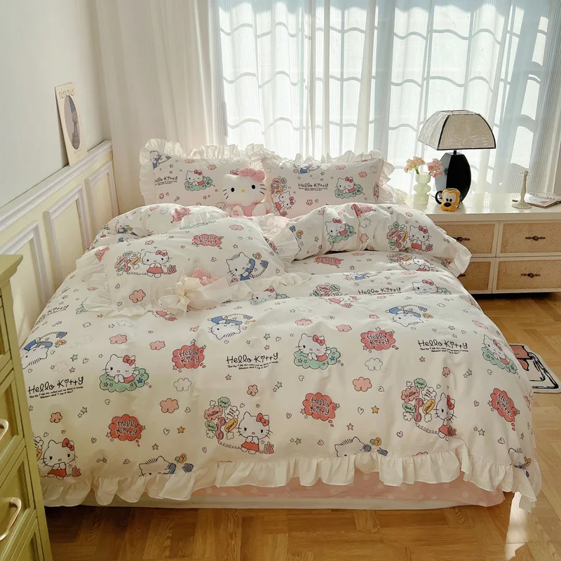 Cute and Comfy Hello Kitty Four-Piece Cotton Bedding Set Ins style cartoon bedding for women  Bed Sheet Three Piece Set