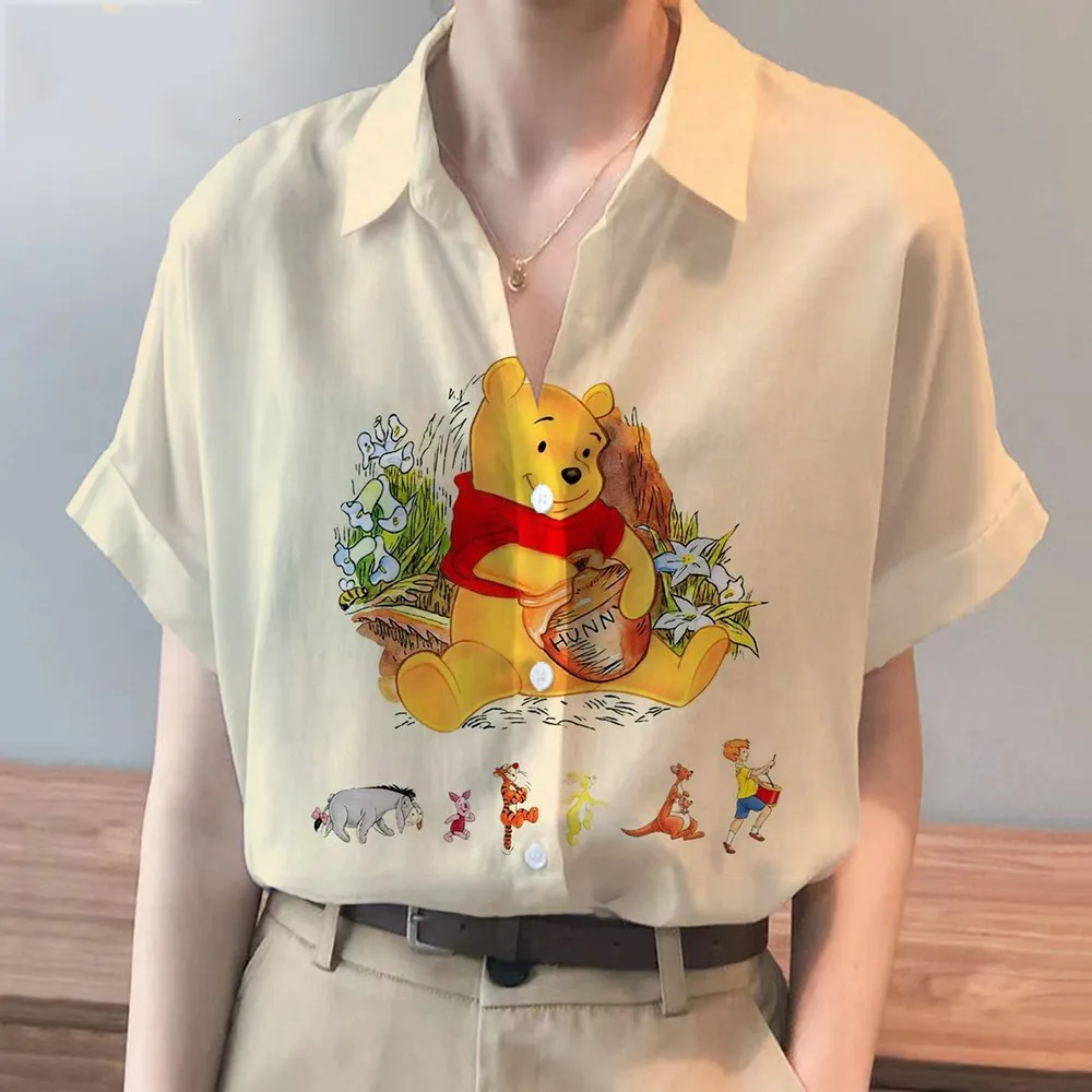 Summer Ladies New Disney Brand Winnie The Pooh And Stitch Anime Harajuku Short Sleeve Shirt Fashion Casual Women's Kawaii Tops