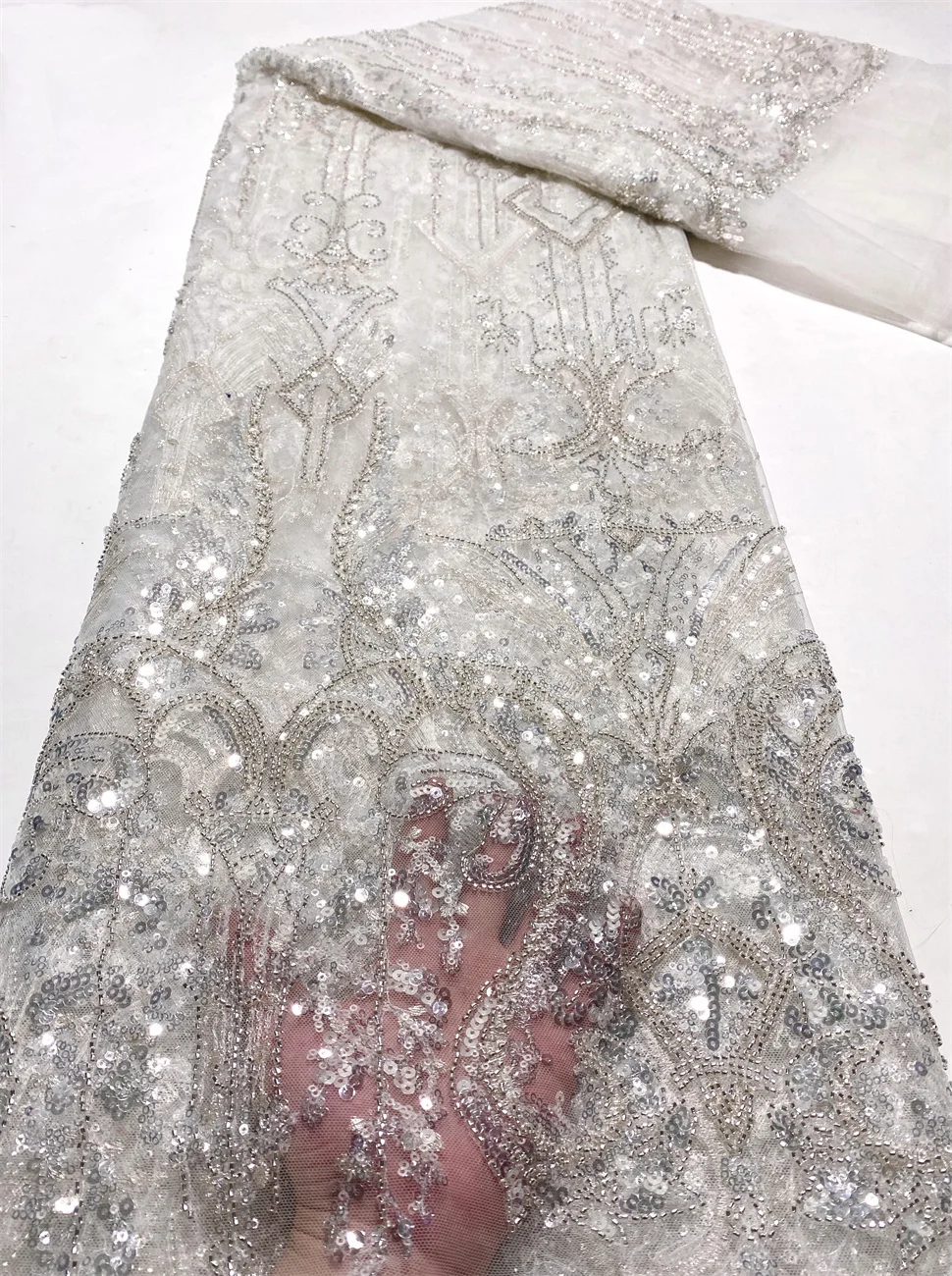 

African Light Luxury Tulle Lace Fabric 5yards 2025 New High Quality Nigerian Sequins Beads Tulle Lace Fabric For Sew Wedding