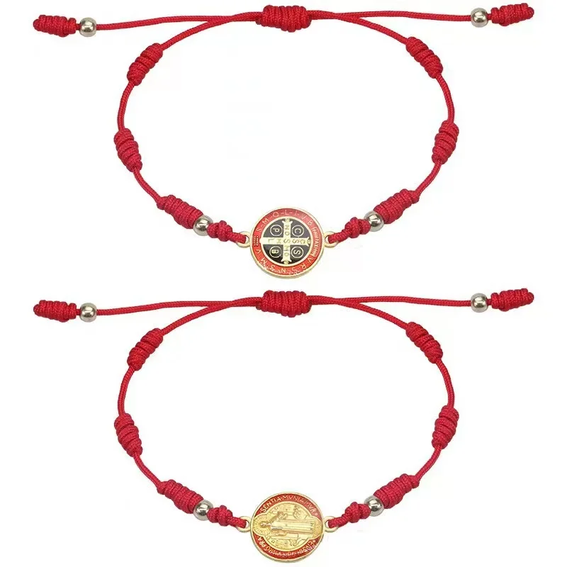 Juego de pulsera de San Benito tejida con cuerda roja de 1/6 piezas, oración religiosa a la Virgen María, ajustable tanto para hombres como para mujeres