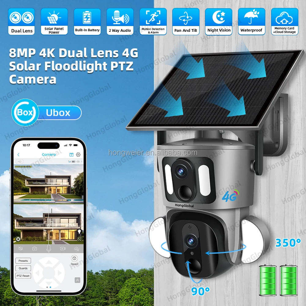 HongGlobal 8MP PTZ CCTV Solar Energy Wireless Surveil Light Camera Ubox Dual Lens 4G Outdoor Security 4G Sim Card Solar Camera