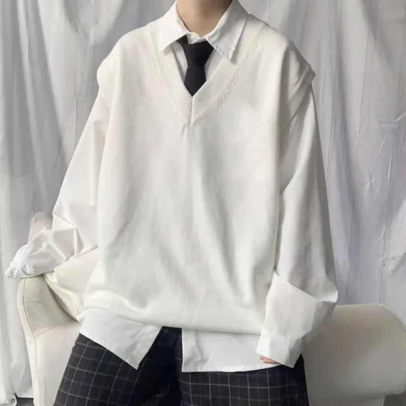 

Couple Matching Men's Korean Style Oversized V-Neck Sweater Vest Relaxed Fit Solid Color Preppy Academic Minimalist Layering