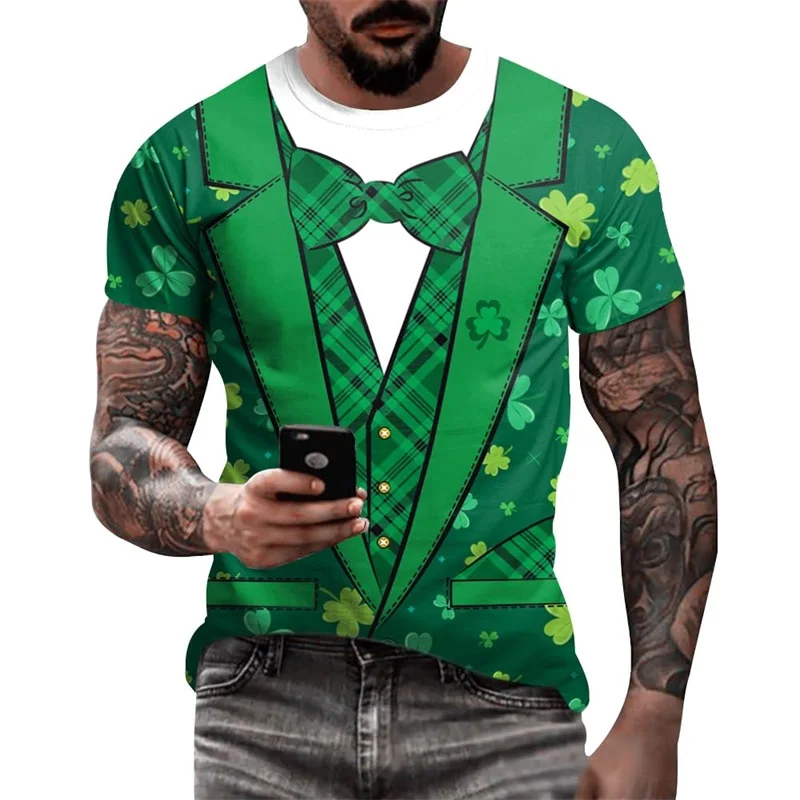 Men's St Patricks Day T-Shirts 3D Printed Novelty Clover Leaves Pattern Tees Shirt Summer Casual Short Sleeve Oversized Tshirt