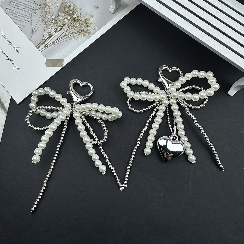 Sweet Bowknot Heart Keychain Pendant Lovely Beaded Hanging Decorations Keyring Charm Phone Lanyard Phone Charm Bag Pendant