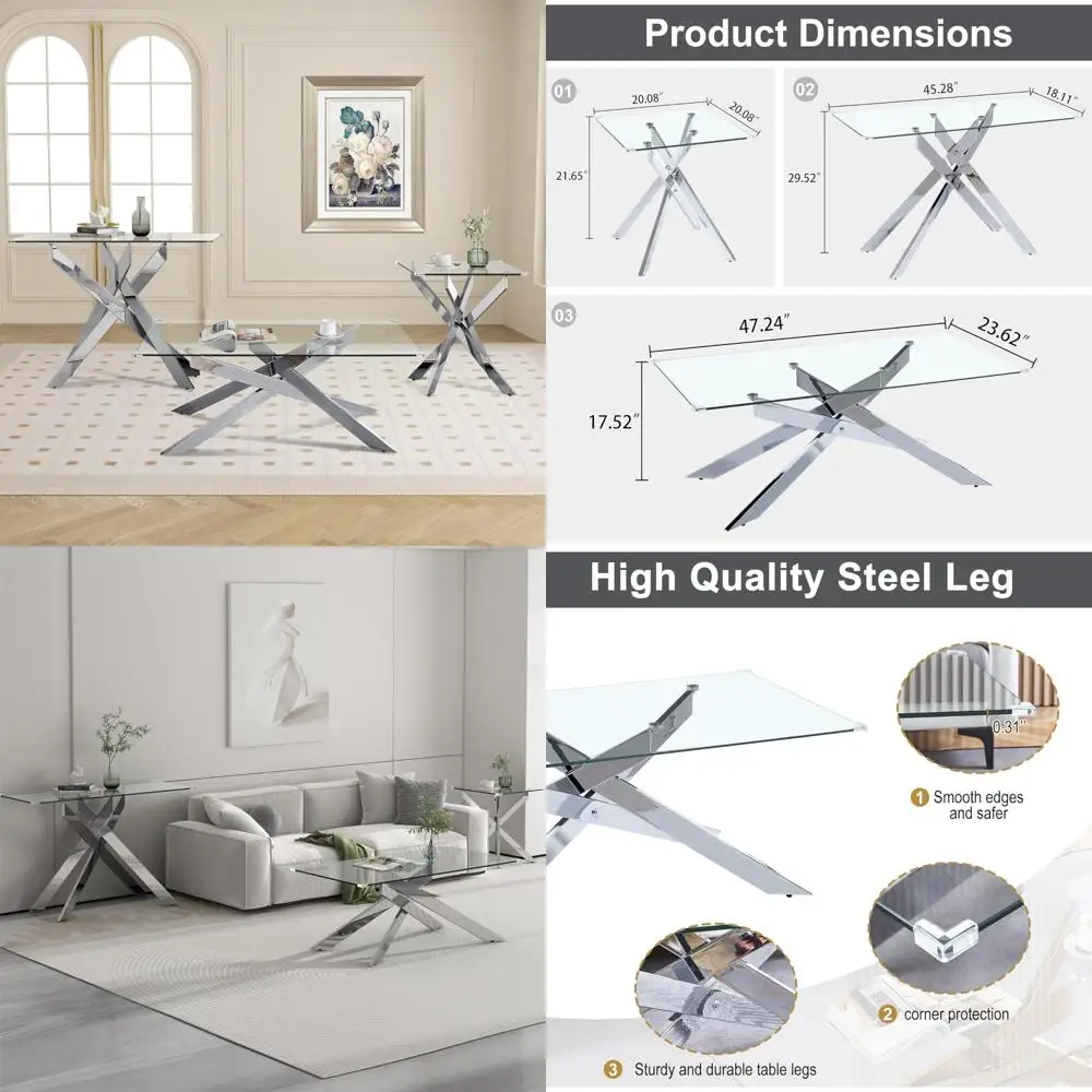 

Tri-Level Silver Glass Coffee and End Table Set, 3-Piece Tempered Glass Tables with Gold Accents