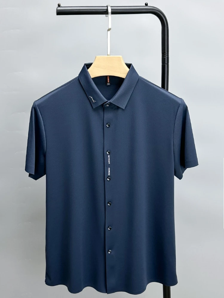 Camiseta de seda de hielo de alta gama para hombre, camisa de manga corta sin costuras, Polo de negocios informal con estampado de moda, novedad de verano 2023