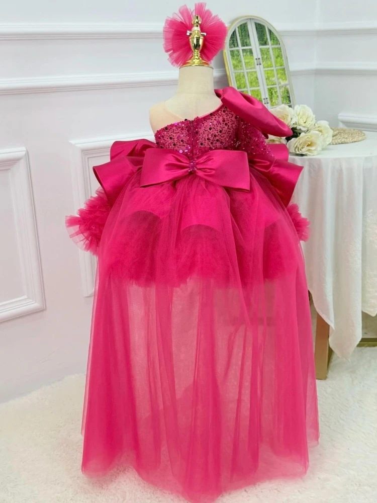 Customized Flower Girl Dress Rose Pink Sequin Puffy Satin With Trailing For Wedding Birthday Party Prom Banquet Princess Gown