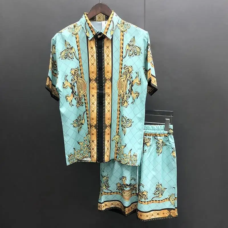 2024 Baroque Print Color Contrast Short-sleeved T-shirt 2-piece Suit Men\'s Suit Sportswear Tops And Shorts Tracksuit Men Set