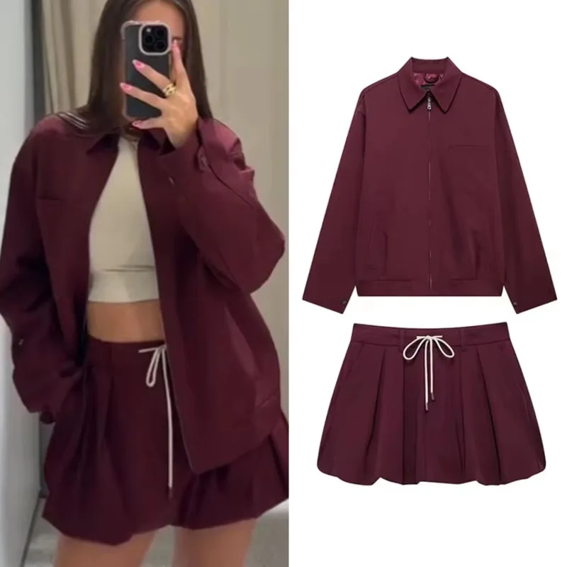 Women Fashion Suits 2024 Autumn New Wine Red Turn Down Collar Long Sleeves Zipper Jackets Lantern Lace Up Mini Skirt Female Sets