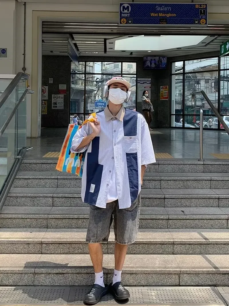 Summer New Amikaki Style Thin Striped Patchwork Short Sleeved Shirt For Men Retro Fashion Loose Casual Men's Shirt Y2k Clothing