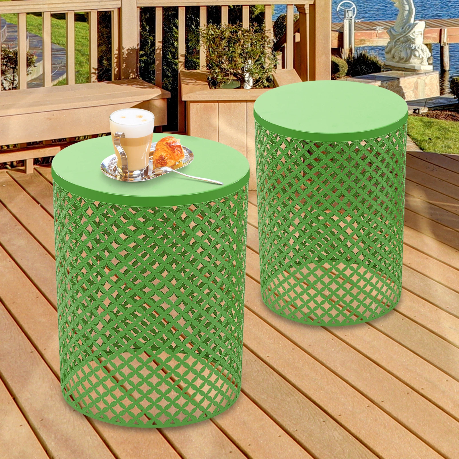 2PCS Outdoor Side Table Metal Frame Accent Desk Table Modern End Desktop Iron Cylindrical