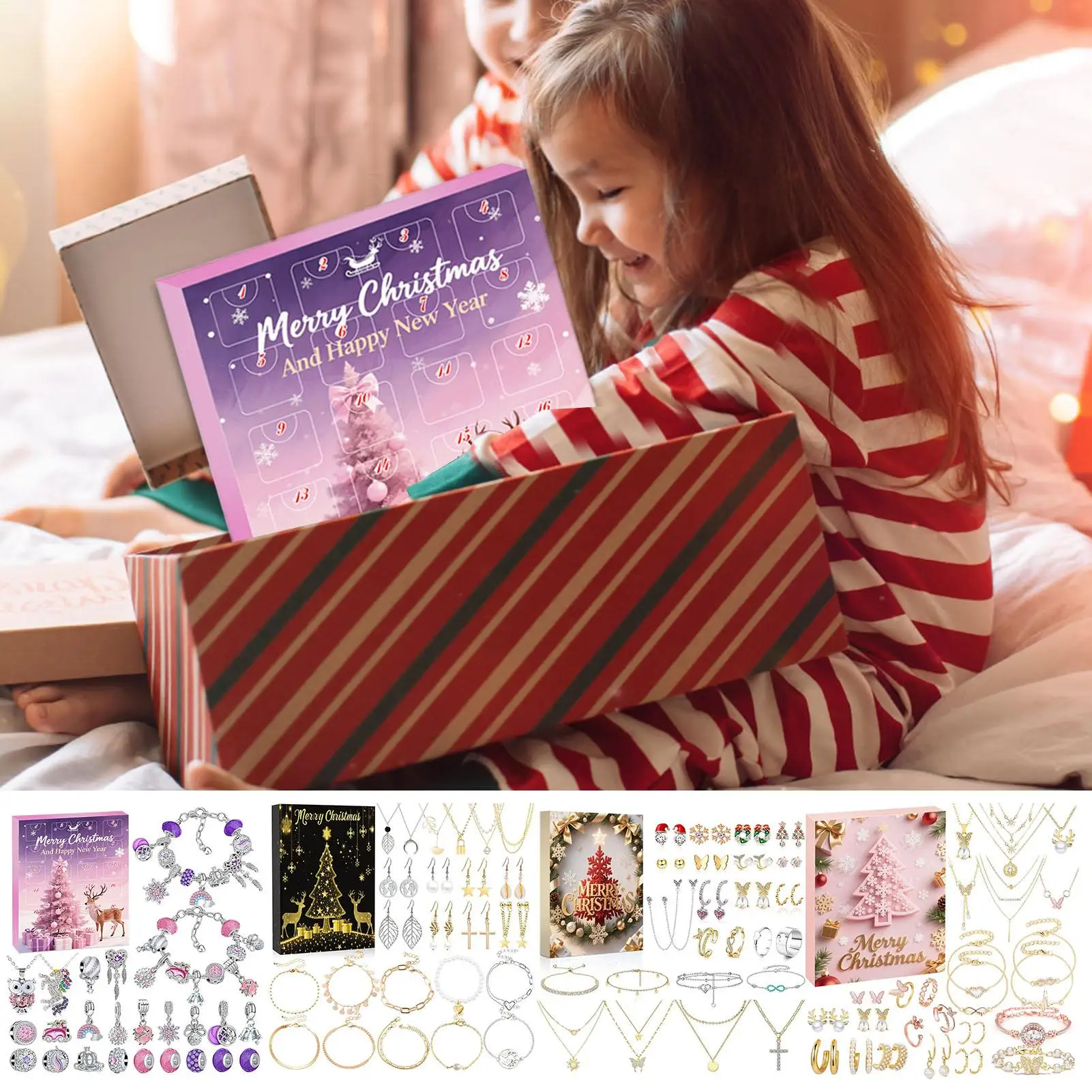 

Адвент-календарь с украшениями: Рождественский набор на 24 дня, подарки для вечеринок, 2025 год, комплект из серег и браслетов для девочек, праздничный календарь для подростков, взрослых и всей семьи