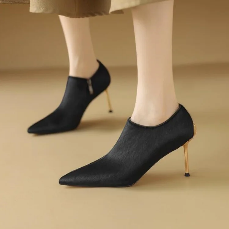 Luxury Black Horsehair Women Ankle Boots Sexy Pointed Toe Metal Thin High Heels Formal Dress Pumps Brown Side Zipper Autumn Bota