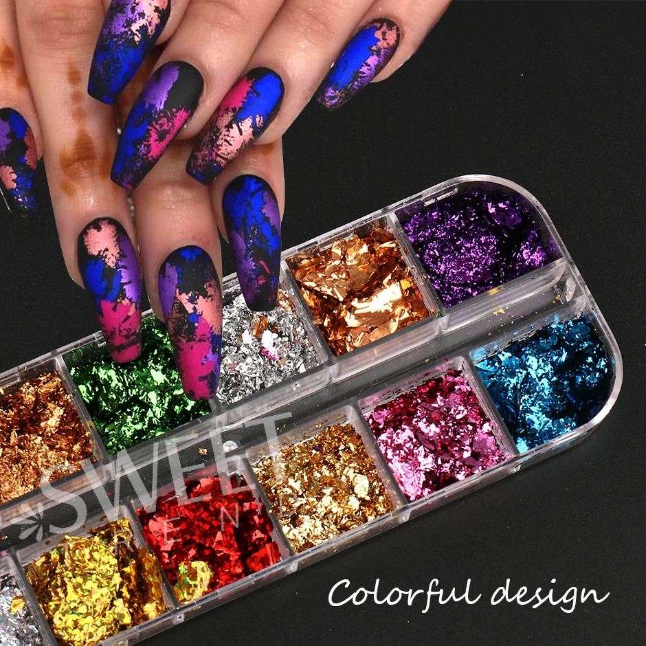 12Grids Holographic Gold Foils Nail Flakes Splendor Leaf Craft Irregular Aluminum Paillette DIY Polish Decoration Glitter LYS45