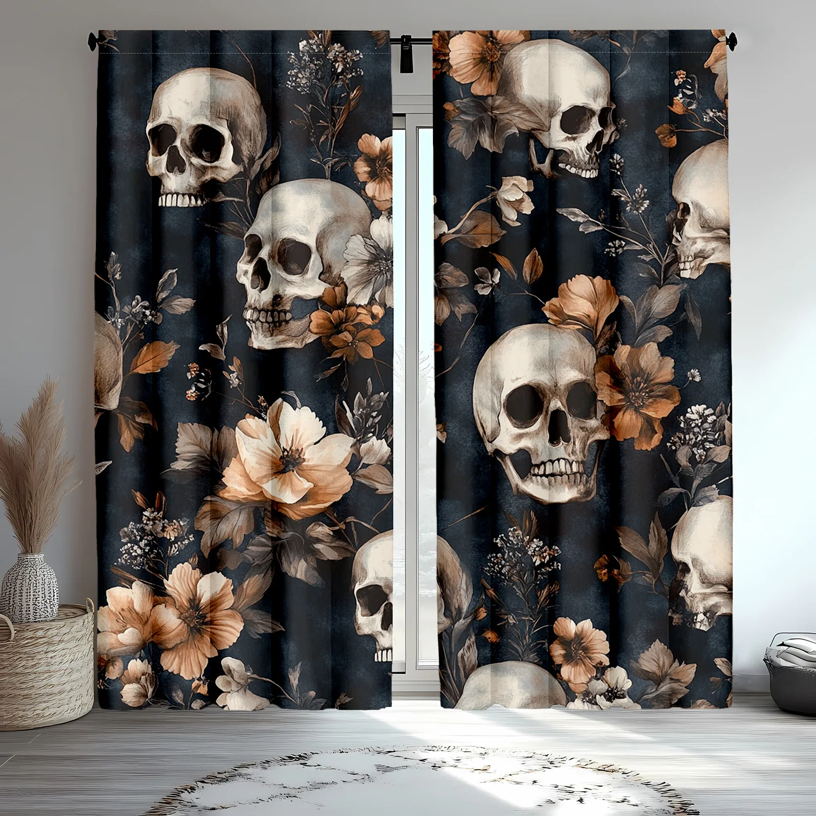 

Шторы с черепом и цветочным принтом, темные эстетические оконные шторы с художественным принтом, готический домашний декор, гостиная, спальня, тема Хэллоуина, бохо