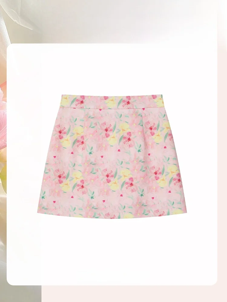 

Нежно-розовая юбка А-силуэта с цветочным принтом, женская, с завышенной талией, облегающая, короткая, повседневная, удобная, из полиэстера, весенняя коллекция