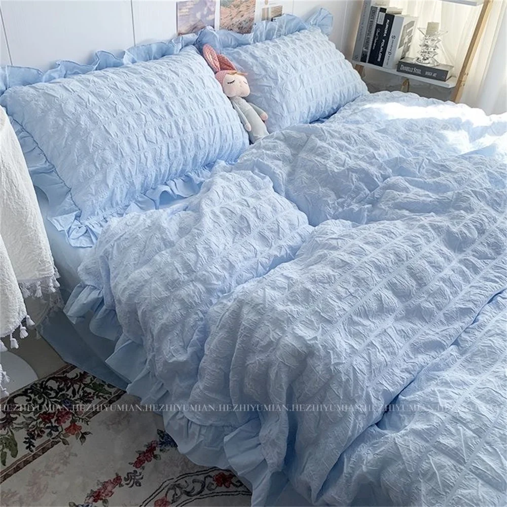 

Quilt Cover INS Girl Blue Solid Color Seersucker Ruffles Lace Bedding Set Kawaii Soft Sheet Woman Duvet Cover Pillow Covers