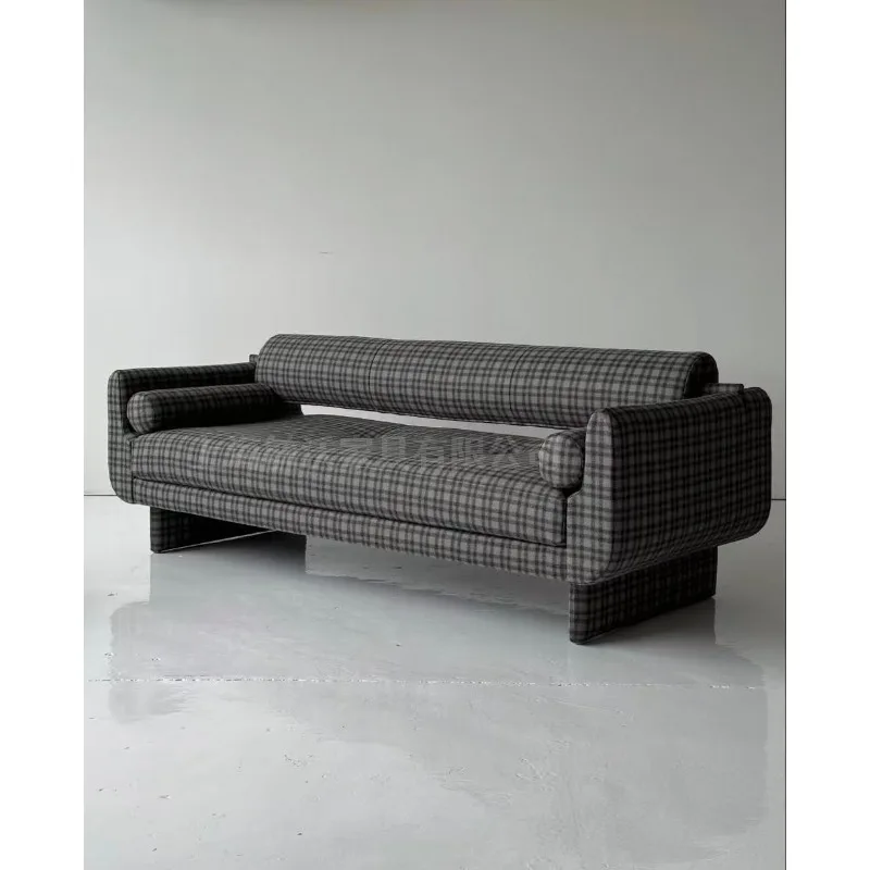 Retro woolen plaid sofa Korean retro designer fabric sofa cream style