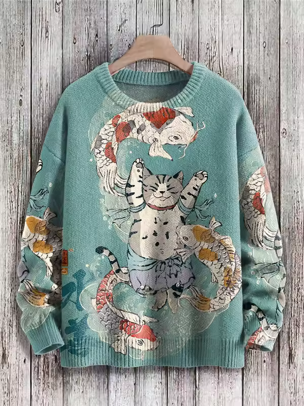 Retro Japanese Style Painting Cat Art Casual Print Knit Pullover Sweater Women For Men Sweater - Image 8