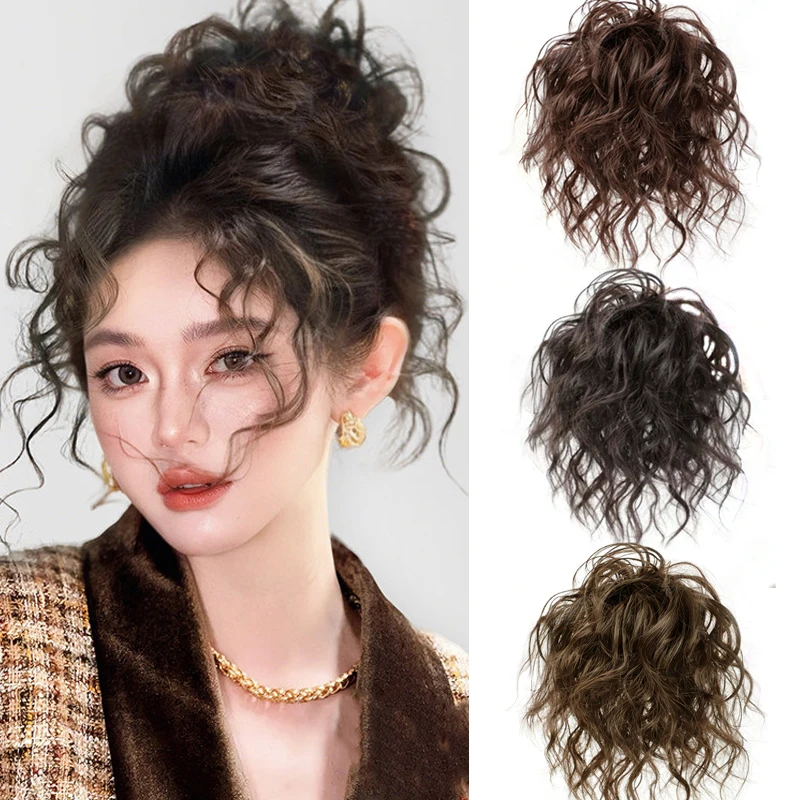 Moño de Pelo Sintético Rizado, Extensión de Cabello Ondulado con Banda Elástica, Postizo Esponjoso para Mujeres, Uso Diario y Fiestas
