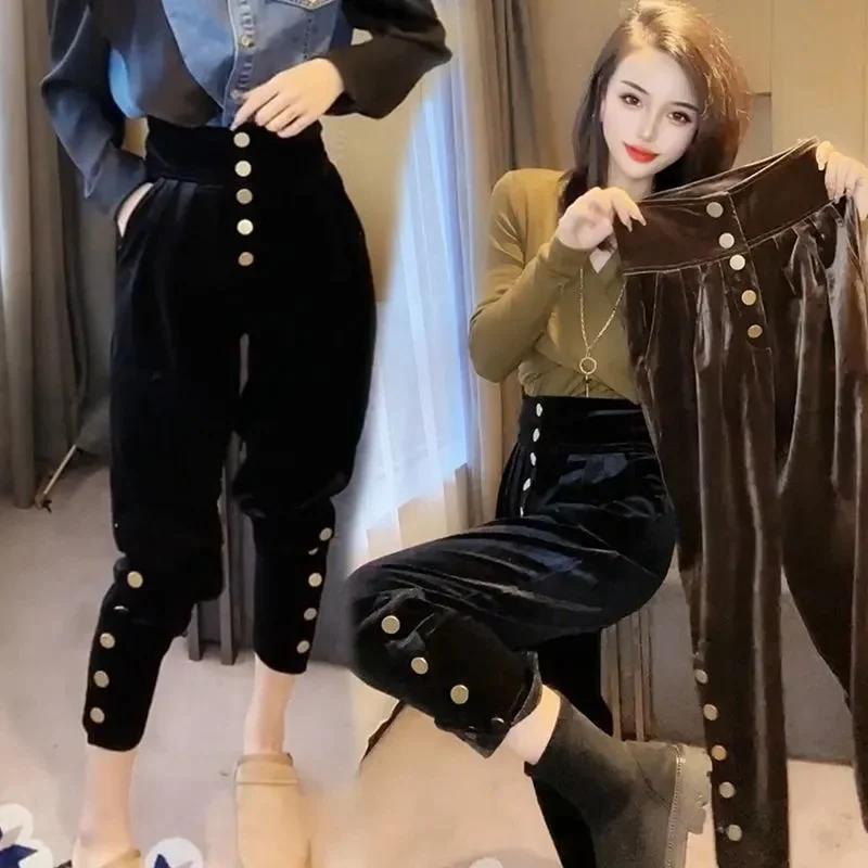 

Autumn Winter Casual Trousers Women 2024 New Fleece Thicken Solid Color Pencil Pants High-Waisted Fashion Button Female Trousers